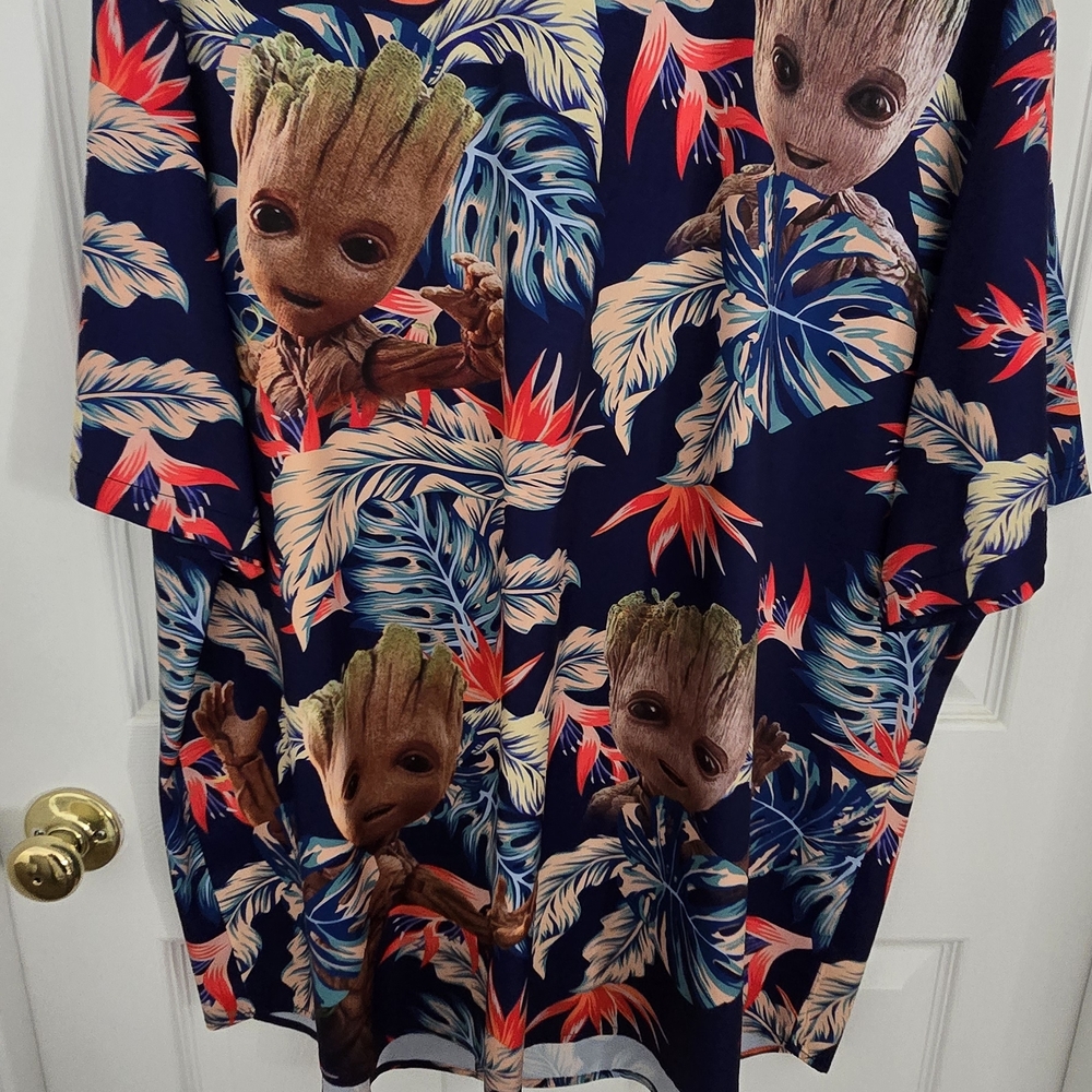 Marvel Baby Groot Casual Button Down Shirt Blue Brown